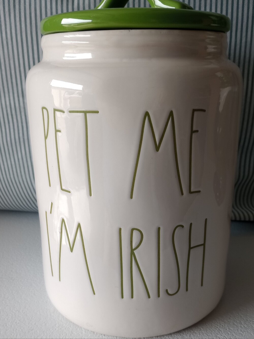 Rae Dunn New Large Ceramic Pet Treat Canister - Green Lid "Pet Me I'm Irish"